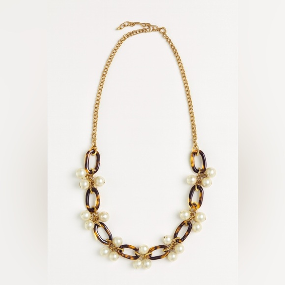 J. Crew Jewelry - J Crew Faux Tortoise Shell Chain Link and Cluster Pearls Necklace 17-19" Long
